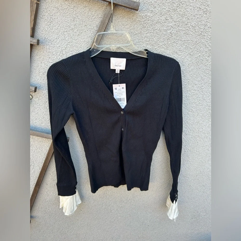 Cinq a Sept BERNADETTE PRESTYLED RIBBED CARDIGAN in Black/Ivory NWT!